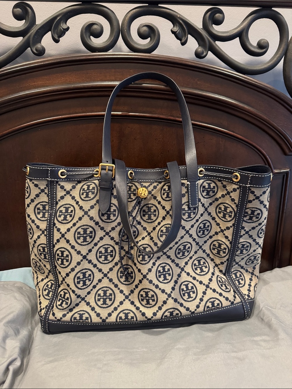 Tory Burch Navy and Beige Logo Canvas Drawstring Tote with Leather Trim - Picture 2 of 11